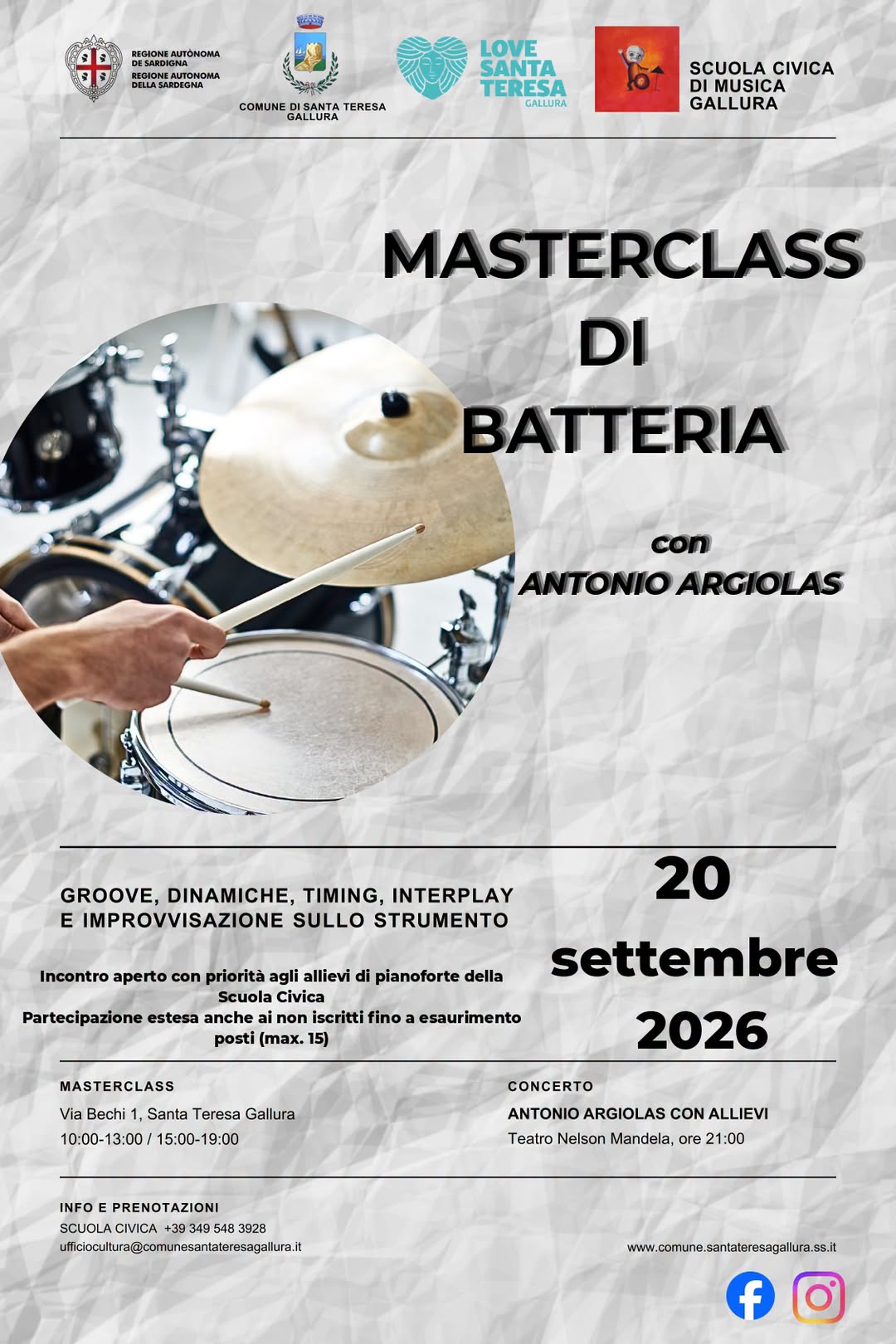 Locandina di MASTERCLASS DI BATTERIA con ANTONIO ARGIOLAS